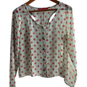 AKIRA CHICAGO Top Womens Small Green Sheer Red Polka Dot Blouse Cut Out Back